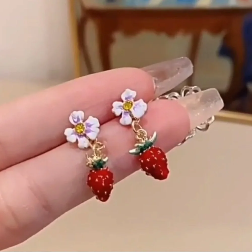 Strawberry Earrings With Flowers Enameled Minimalist Dainty Small
